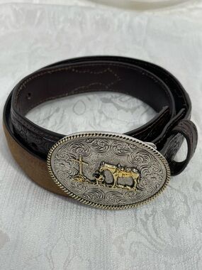 Ariat Brown Leather Western Belt with Silver and Gold Oval Buckle